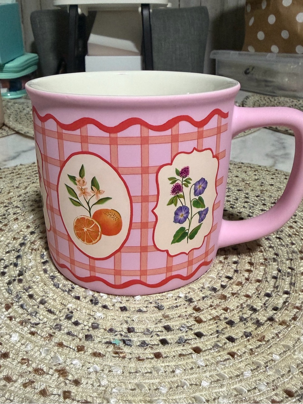 Pink Floral & Fruit Ceramic Mug with Comfortable Handle
